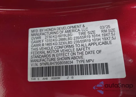 2025 Honda Odyssey Sport-L из США, поврежденный, VIN 5FNRL6H79SB058034